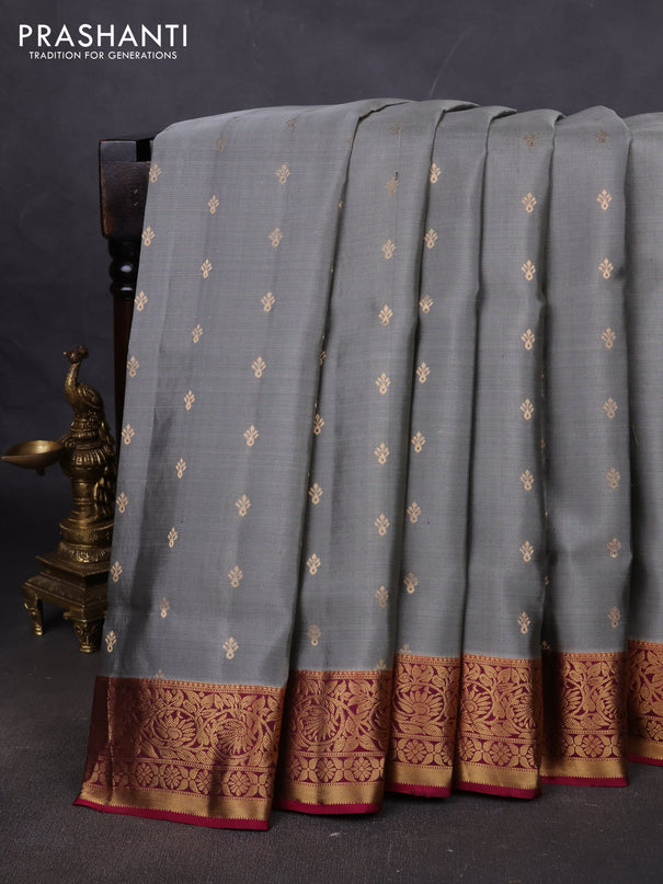 Pure soft silk saree grey and dark magenta pink with allover zari woven buttas and zari woven floral border