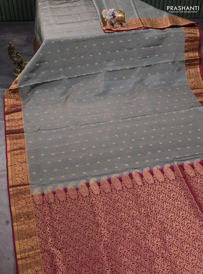 Pure soft silk saree grey and dark magenta pink with allover zari woven buttas and zari woven floral border