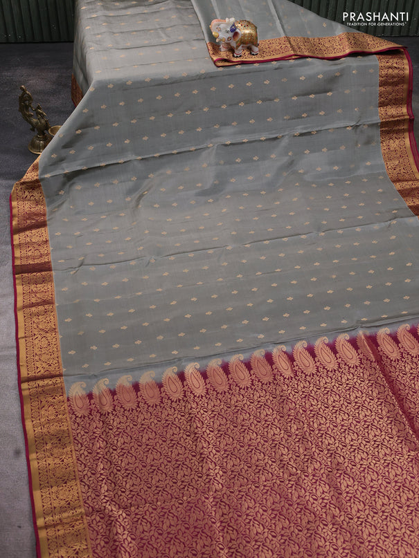 Pure soft silk saree grey and dark magenta pink with allover zari woven buttas and zari woven floral border