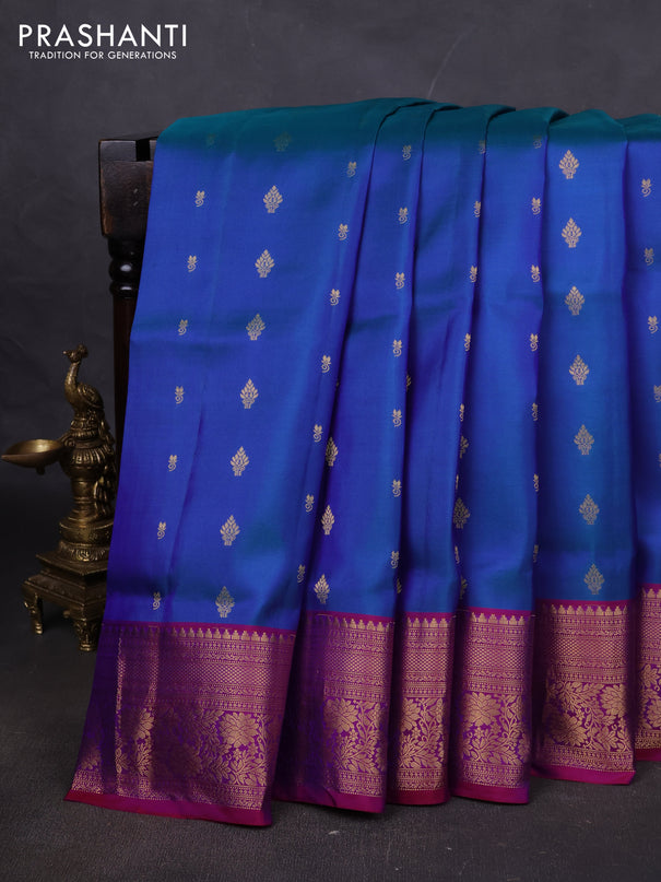 Pure soft silk saree dual shade of bluish green and dual shade of purple with allover zari woven buttas and zari woven floral border