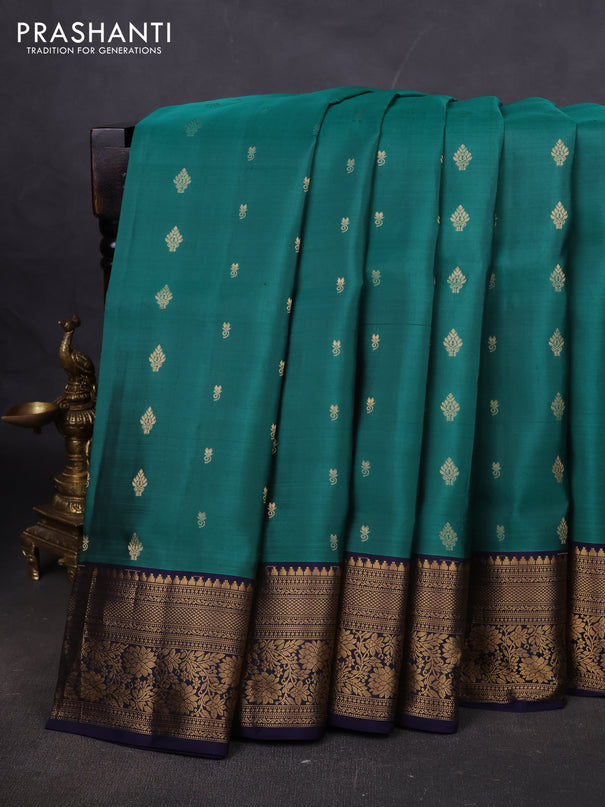 Pure soft silk saree teal green and navy blue with allover zari woven buttas and zari woven floral border