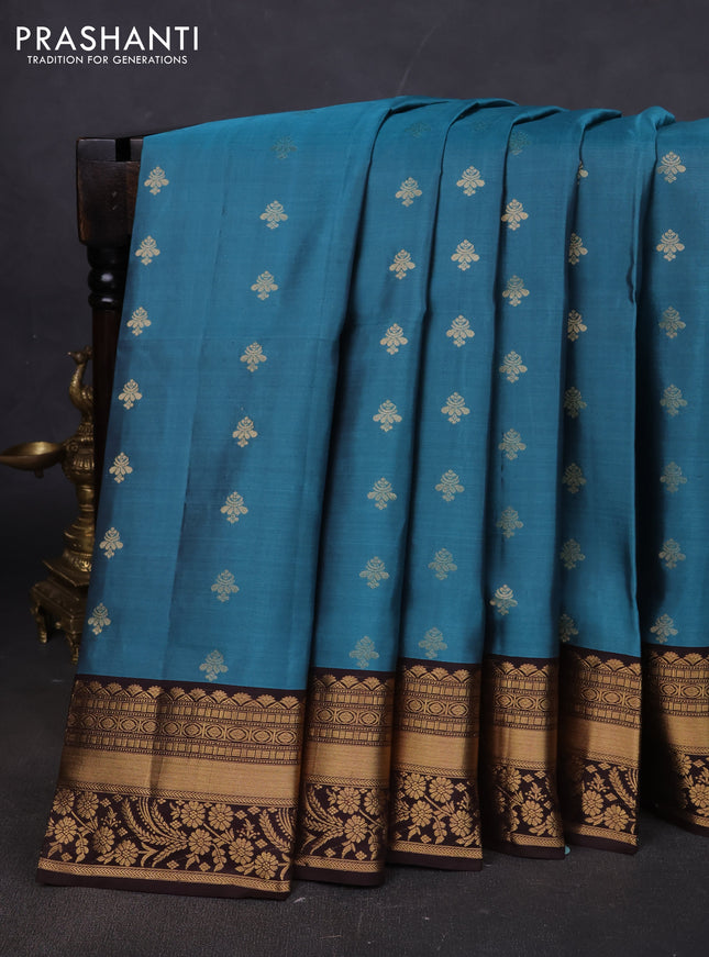 Pure soft silk saree pastel blue and coffee brown with allover zari woven buttas and zari woven border