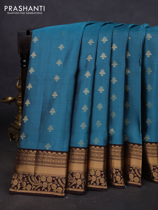 Pure soft silk saree pastel blue and coffee brown with allover zari woven buttas and zari woven border