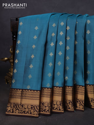 Pure soft silk saree pastel blue and coffee brown with allover zari woven buttas and zari woven border