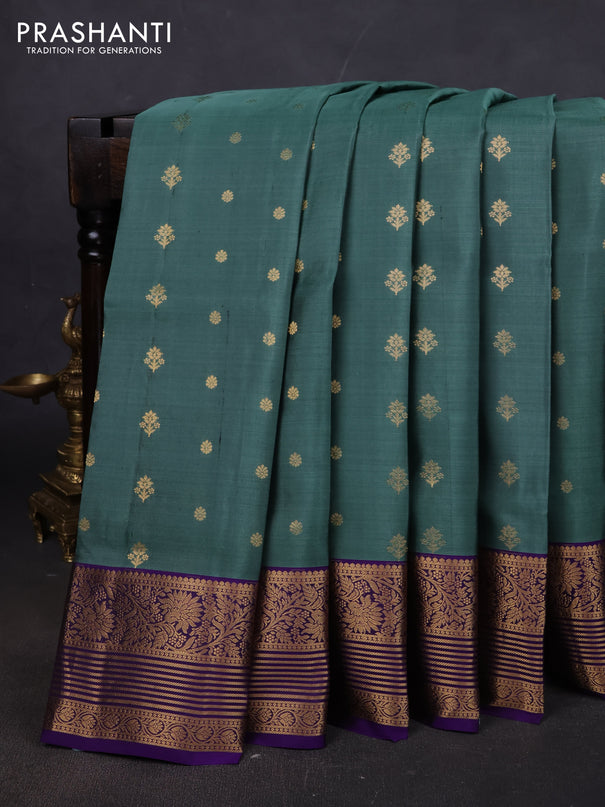 Pure soft silk saree pastel green and violet with allover zari woven buttas and floral zari woven border