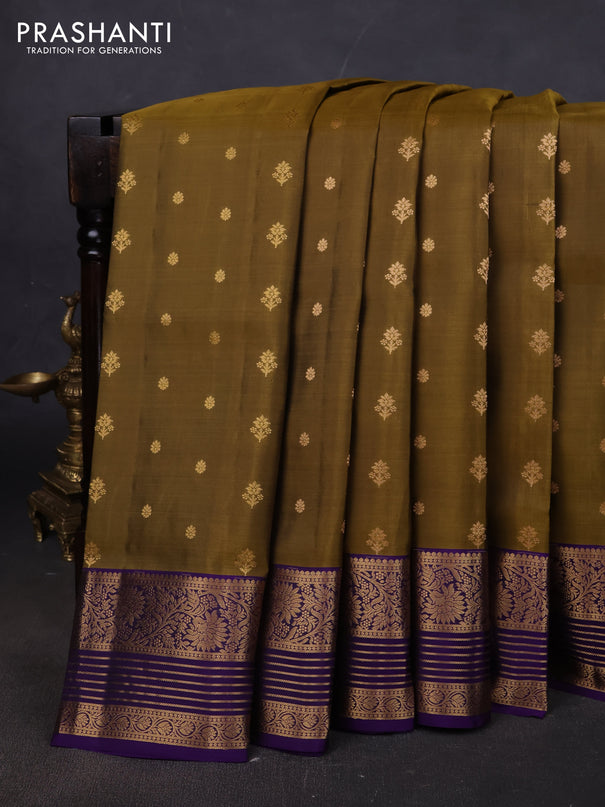 Pure soft silk saree mehendi green and violet with allover zari woven buttas and floral zari woven border