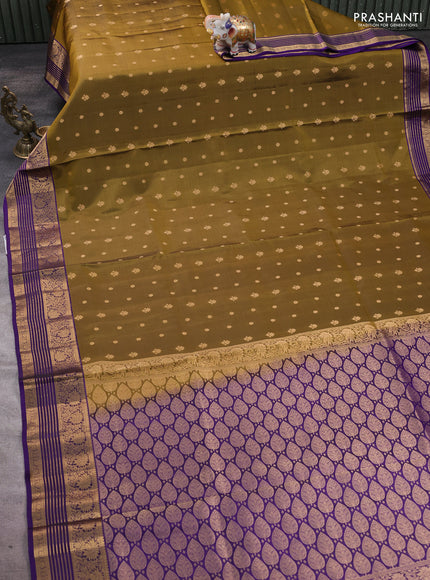 Pure soft silk saree mehendi green and violet with allover zari woven buttas and floral zari woven border