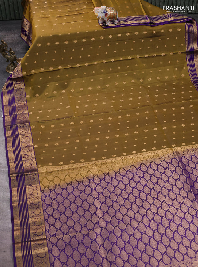 Pure soft silk saree mehendi green and violet with allover zari woven buttas and floral zari woven border