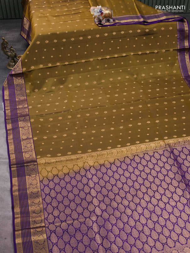 Pure soft silk saree mehendi green and violet with allover zari woven buttas and floral zari woven border