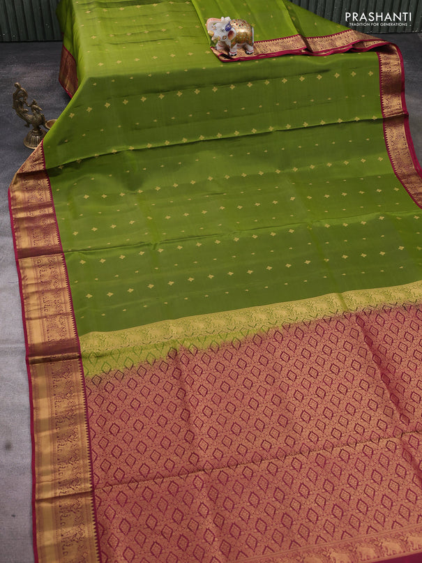 Pure soft silk saree mehendi green and dark pink with allover zari woven buttas and elephant zari woven border