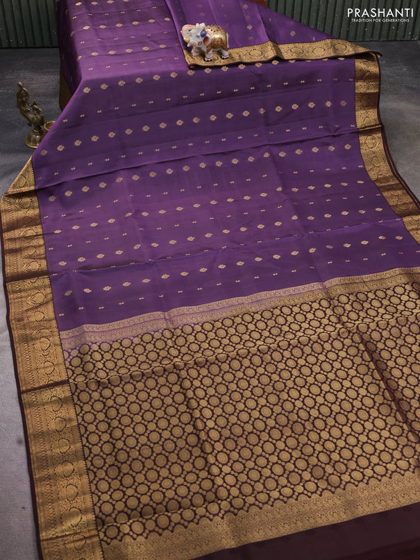 Pure soft silk saree purple shade and brown with allover zari woven buttas and rich zari woven border