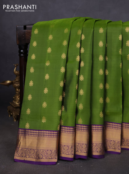 Pure soft silk saree sap green and violet with allover zari woven buttas and rich zari woven border