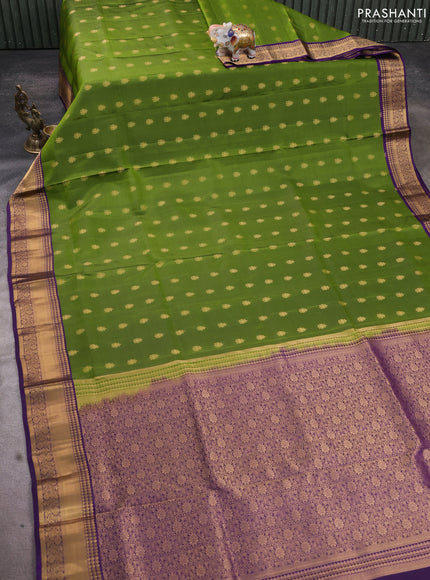 Pure soft silk saree sap green and violet with allover zari woven buttas and rich zari woven border