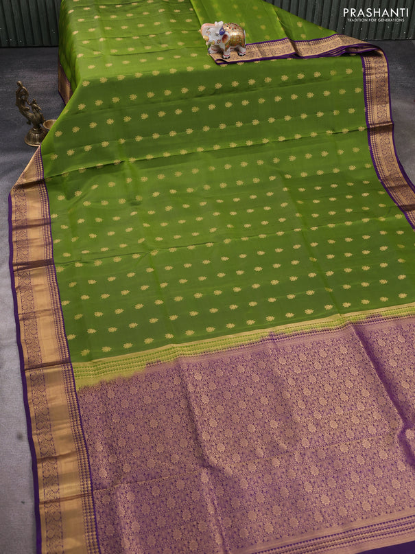 Pure soft silk saree sap green and violet with allover zari woven buttas and rich zari woven border