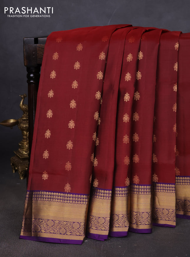 Pure soft silk saree maroon and violet with allover zari woven buttas and rich zari woven border
