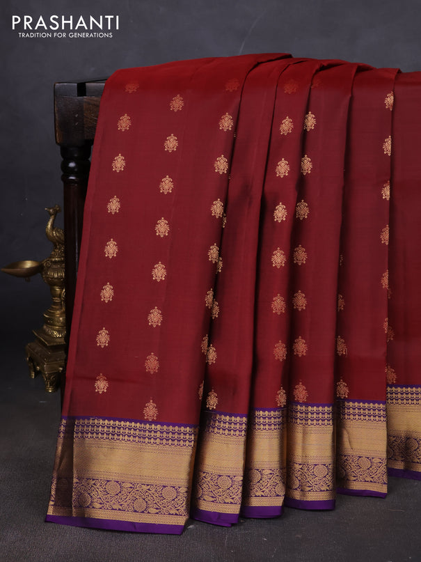 Pure soft silk saree maroon and violet with allover zari woven buttas and rich zari woven border