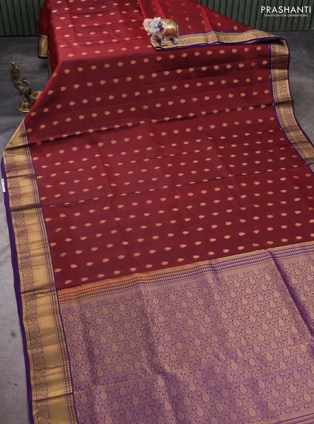 Pure soft silk saree maroon and violet with allover zari woven buttas and rich zari woven border