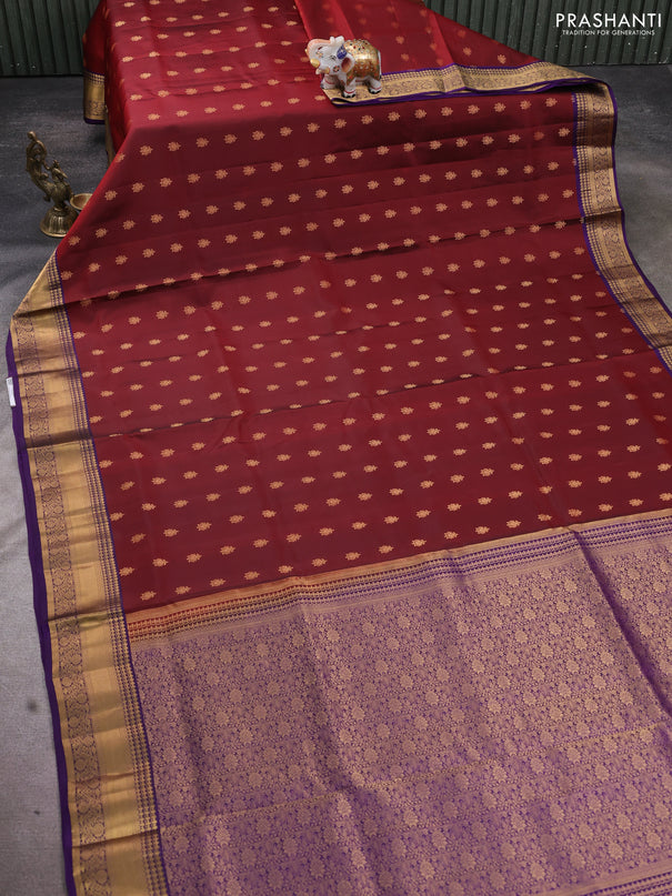 Pure soft silk saree maroon and violet with allover zari woven buttas and rich zari woven border
