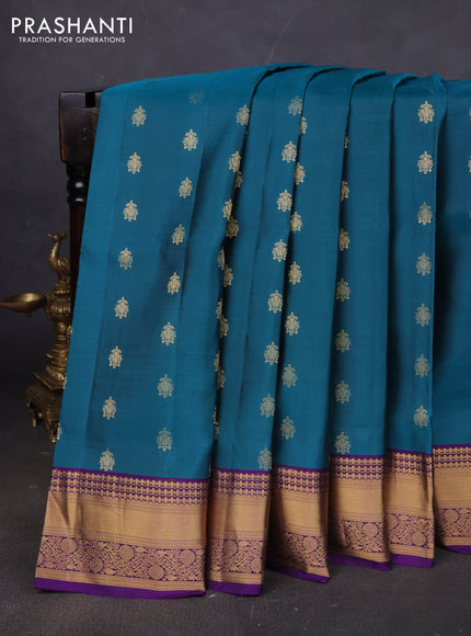 Pure soft silk saree peacock green and violet with allover zari woven buttas and rich zari woven border