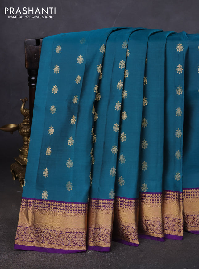 Pure soft silk saree peacock green and violet with allover zari woven buttas and rich zari woven border