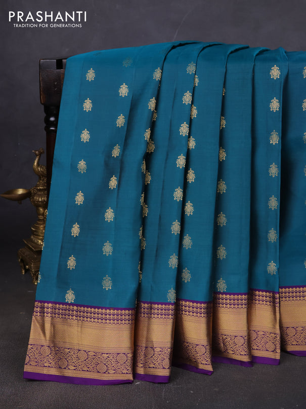 Pure soft silk saree peacock green and violet with allover zari woven buttas and rich zari woven border