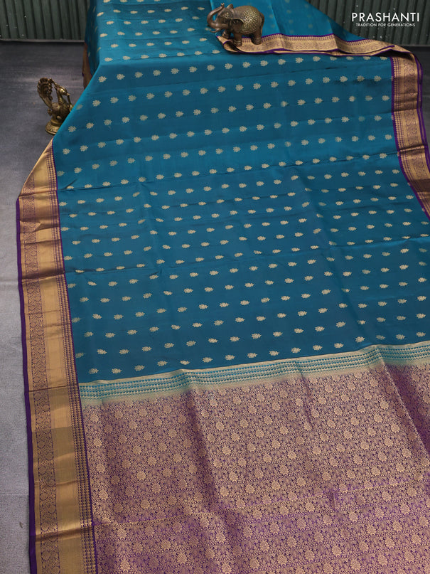 Pure soft silk saree peacock green and violet with allover zari woven buttas and rich zari woven border