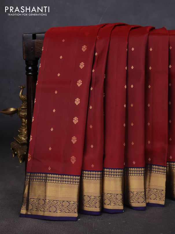 Pure soft silk saree maroon and navy blue with allover zari woven buttas and rich zari woven border