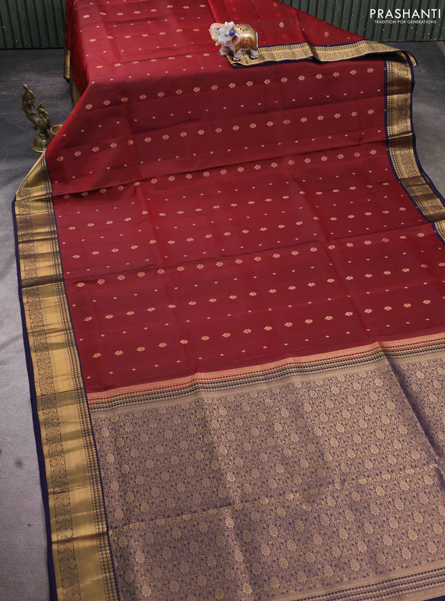 Pure soft silk saree maroon and navy blue with allover zari woven buttas and rich zari woven border