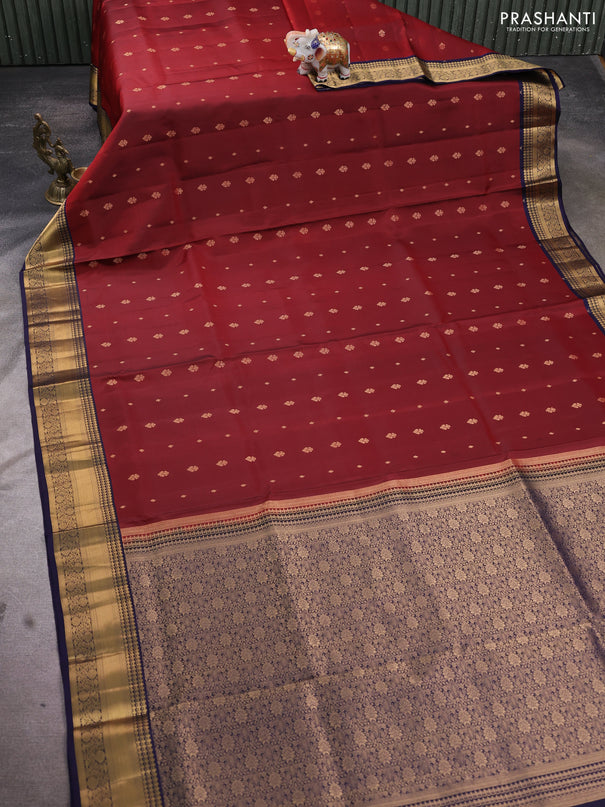 Pure soft silk saree maroon and navy blue with allover zari woven buttas and rich zari woven border