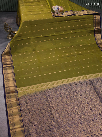 Pure soft silk saree mehendi green and navy blue with allover zari woven buttas and rich zari woven border