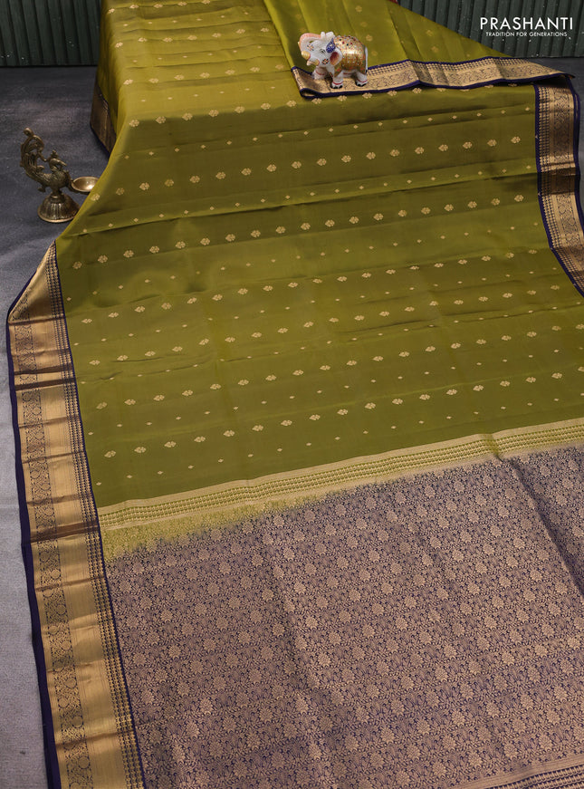 Pure soft silk saree mehendi green and navy blue with allover zari woven buttas and rich zari woven border