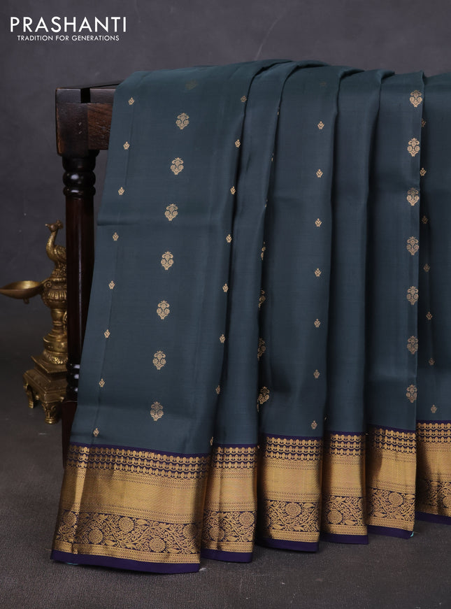 Pure soft silk saree dark grey and navy blue with allover zari woven buttas and rich zari woven border