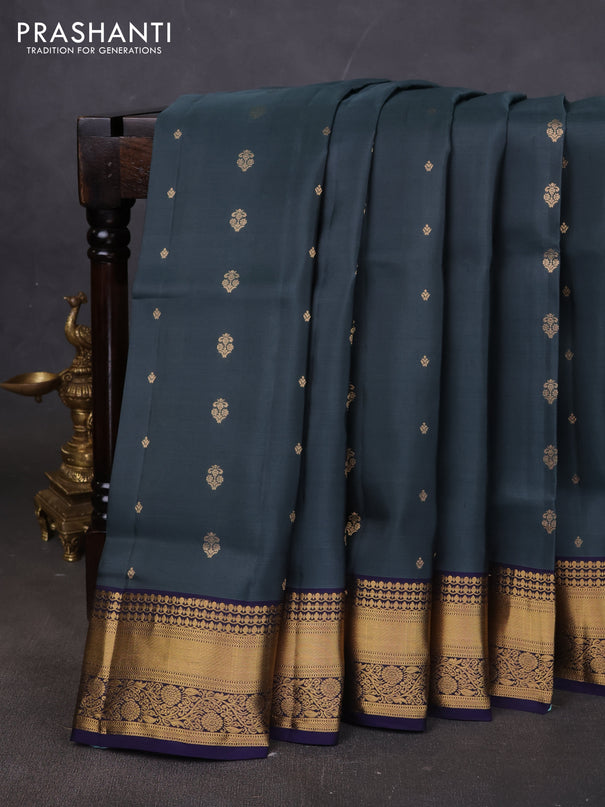 Pure soft silk saree dark grey and navy blue with allover zari woven buttas and rich zari woven border