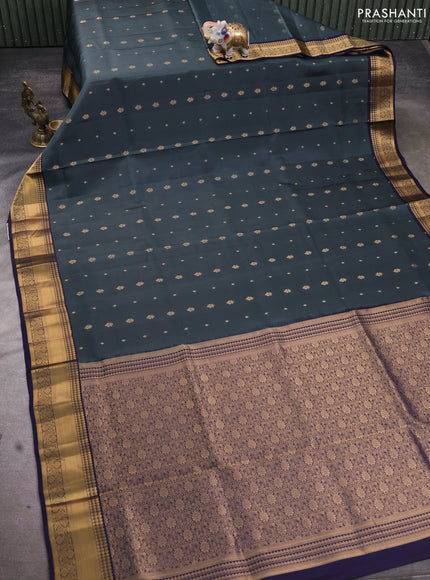 Pure soft silk saree dark grey and navy blue with allover zari woven buttas and rich zari woven border