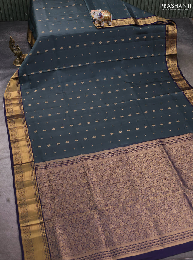 Pure soft silk saree dark grey and navy blue with allover zari woven buttas and rich zari woven border