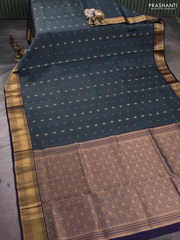 Pure soft silk saree dark grey and navy blue with allover zari woven buttas and rich zari woven border