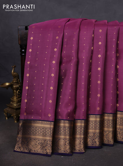 Pure soft silk saree purple and navy blue with allover zari woven buttas and zari woven annam border
