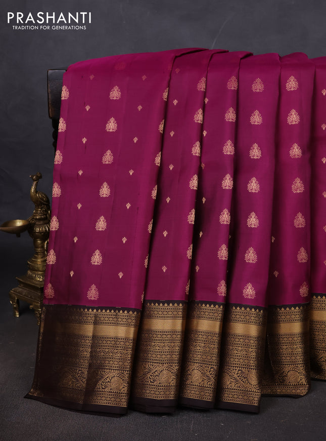 Pure soft silk saree dark magenta pink and coffee brown with allover zari woven buttas and rich zari woven border