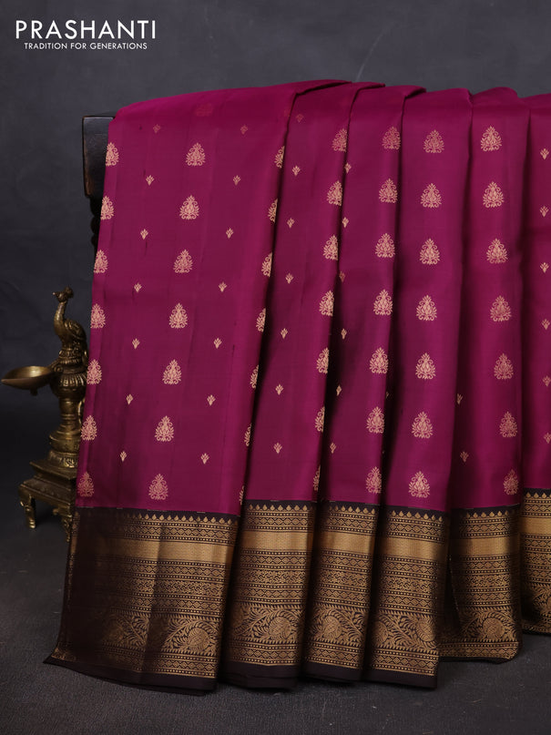 Pure soft silk saree dark magenta pink and coffee brown with allover zari woven buttas and rich zari woven border