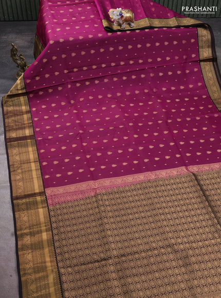Pure soft silk saree dark magenta pink and coffee brown with allover zari woven buttas and rich zari woven border