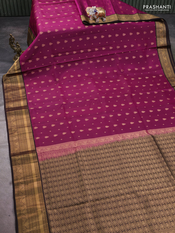 Pure soft silk saree dark magenta pink and coffee brown with allover zari woven buttas and rich zari woven border