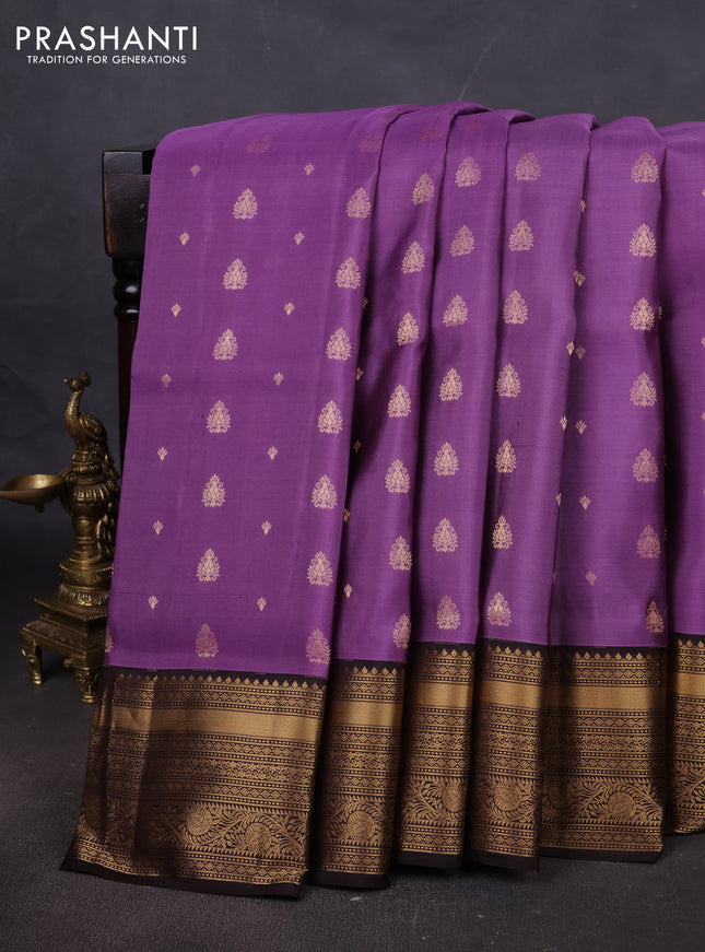 Pure soft silk saree pastel purple and coffee brown with allover zari woven buttas and rich zari woven border