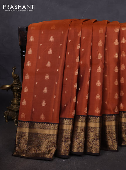 Pure soft silk saree rustic orange and coffee brown with allover zari woven buttas and rich zari woven border