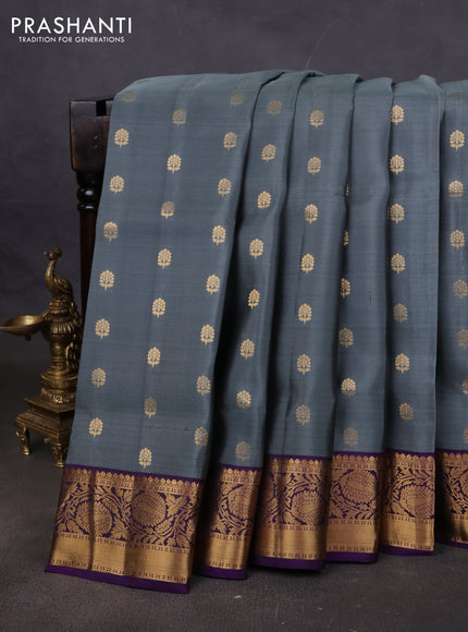 Pure soft silk saree grey and violet with allover zari woven buttas and floral zari woven border