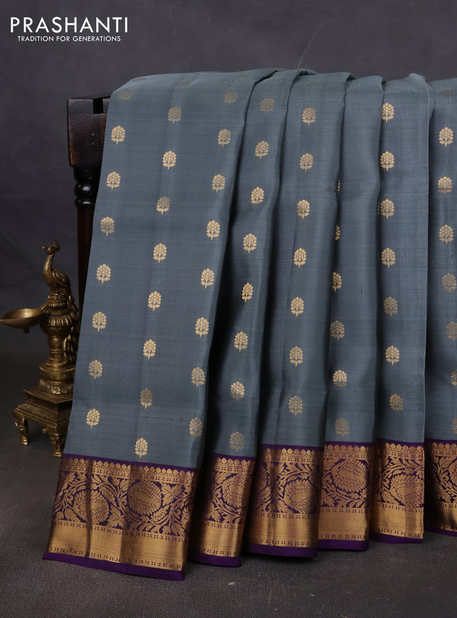 Pure soft silk saree grey and violet with allover zari woven buttas and floral zari woven border