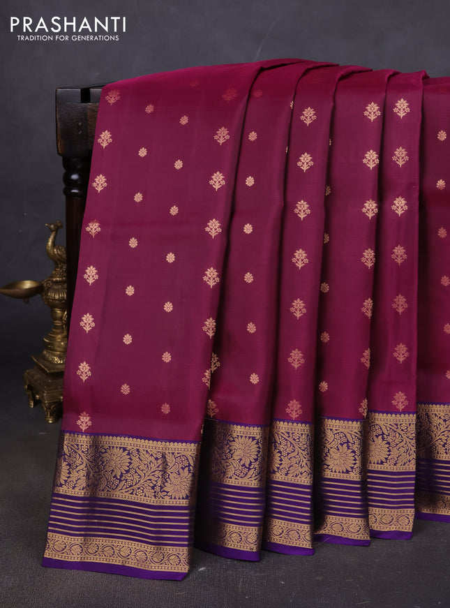 Pure soft silk saree dark magenta pink and violet with allover zari woven buttas and rich zari woven border