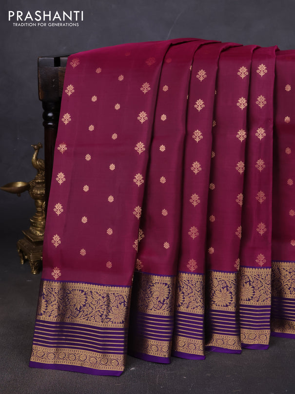 Pure soft silk saree dark magenta pink and violet with allover zari woven buttas and rich zari woven border