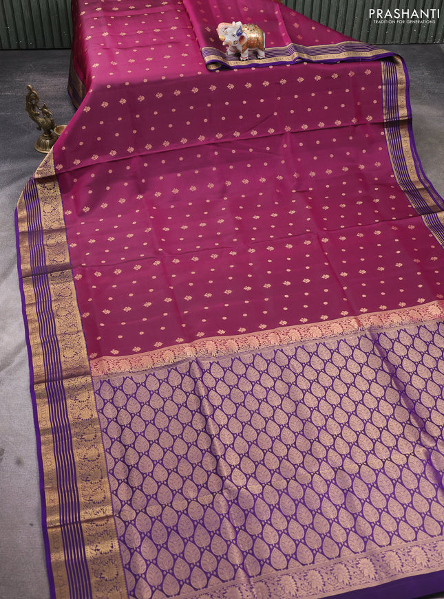 Pure soft silk saree dark magenta pink and violet with allover zari woven buttas and rich zari woven border