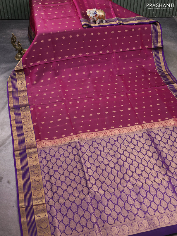 Pure soft silk saree dark magenta pink and violet with allover zari woven buttas and rich zari woven border
