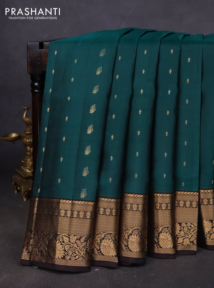 Pure soft silk saree peacock green and deep coffee brown with allover zari woven buttas and rich zari woven border